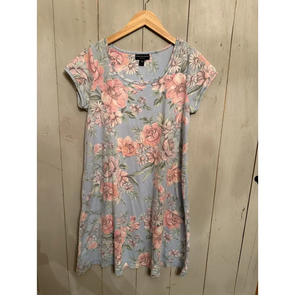 Miss Elaine Relax Pink Floral Short Lounge Gown, Pockets Size Small